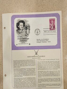RARE COLLECTIBLE USPS 1ST DAY ISSUE COVER BABE DIDRIKSON ZAHARIAS WOMAN STAMP